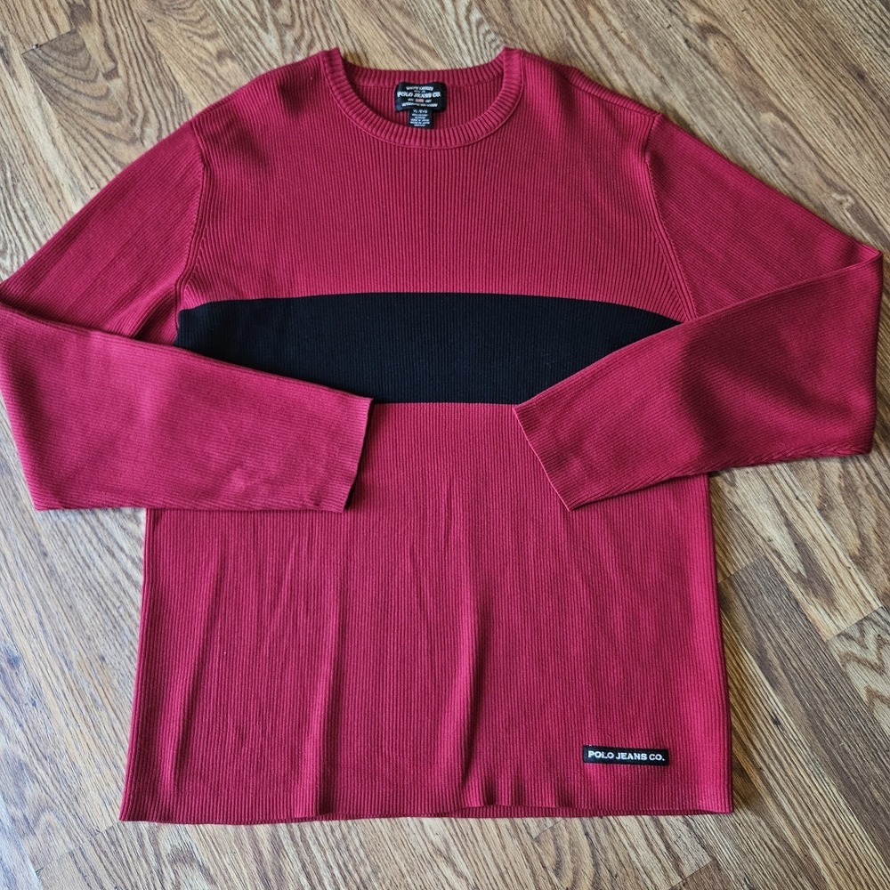 Vintage Polo Jeans Co Ralph Lauren XL Sweater Red Black Ribbed Knit Authentic